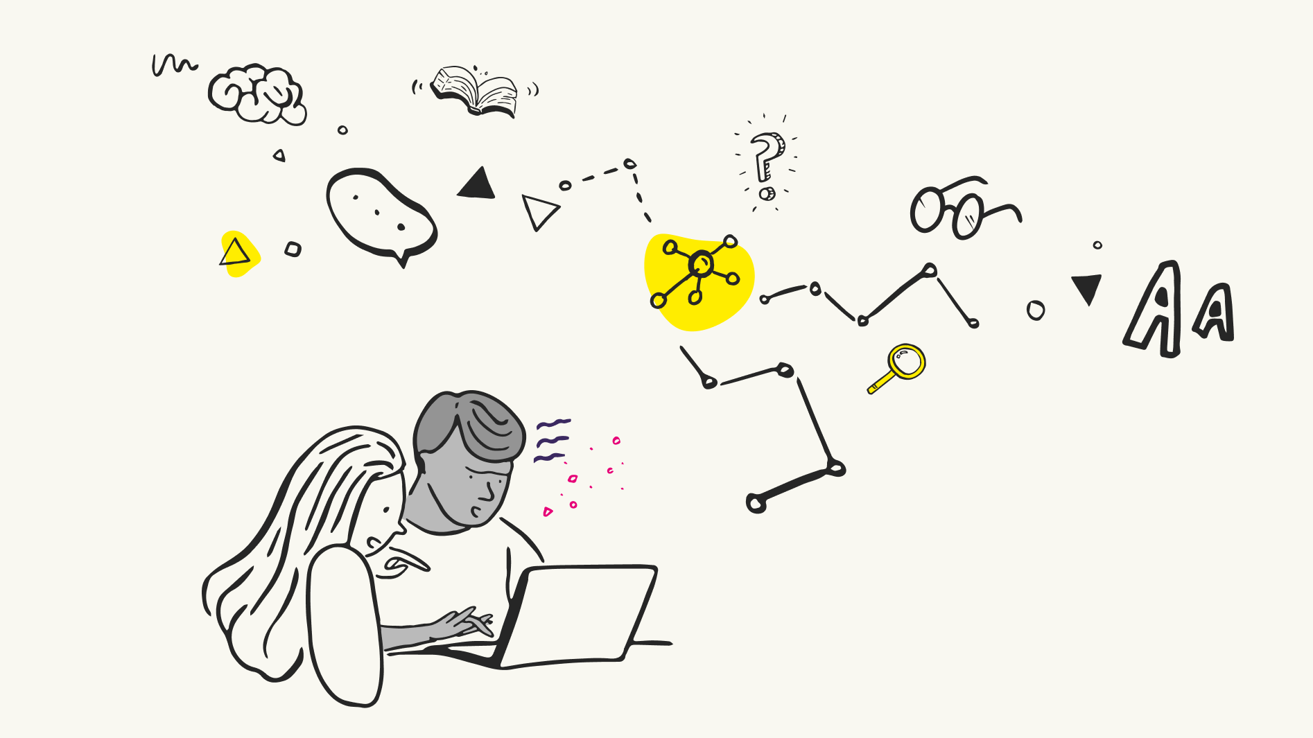 What Are WAI-ARIA Document Landmark Roles? An illustration for a blog header, featuring two people collaborating over a laptop on the left. The rest of the image is scattered with line drawings that evoke brainstorming and problem-solving, such as speech bubbles, a lightbulb, question mark, book, magnifying glass, and various abstract shapes. The central drawing is a stylized atom or network connection, symbolizing connectivity or a central idea. This image is designed to represent the concepts discussed in the blog about WAI-ARIA document landmark roles