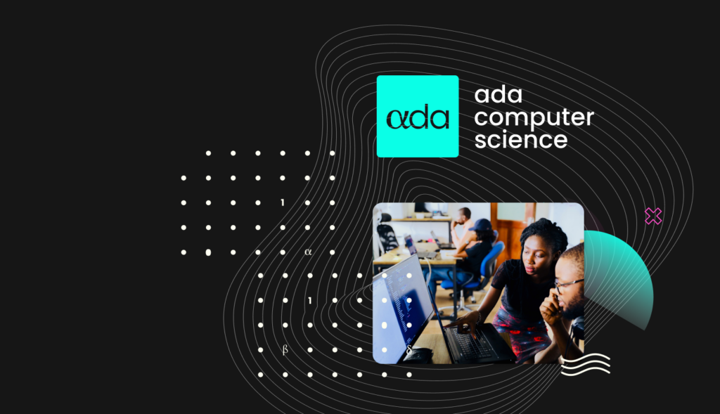 Ada Computer Science – Inspiring and educating through visual design Ada computer science logo and a photo of two people using a computer