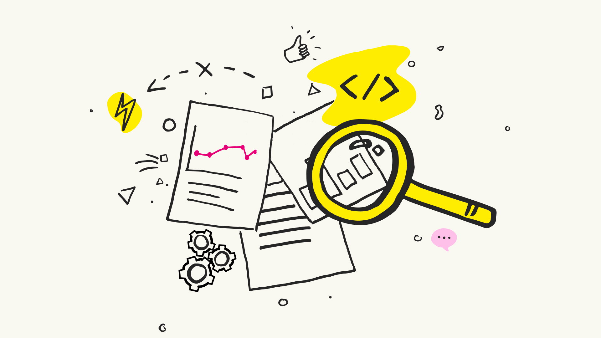 A whimsical, hand-drawn illustration featuring a magnifying glass focused on a paper with graphs and code snippets, accompanied by a gear and scattered design elements like mathematical symbols, lightning bolts, and abstract shapes, representing technical analysis in digital and SEO fields.